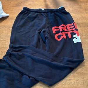 freecity women’s Navy Sweatpants with Red Logo